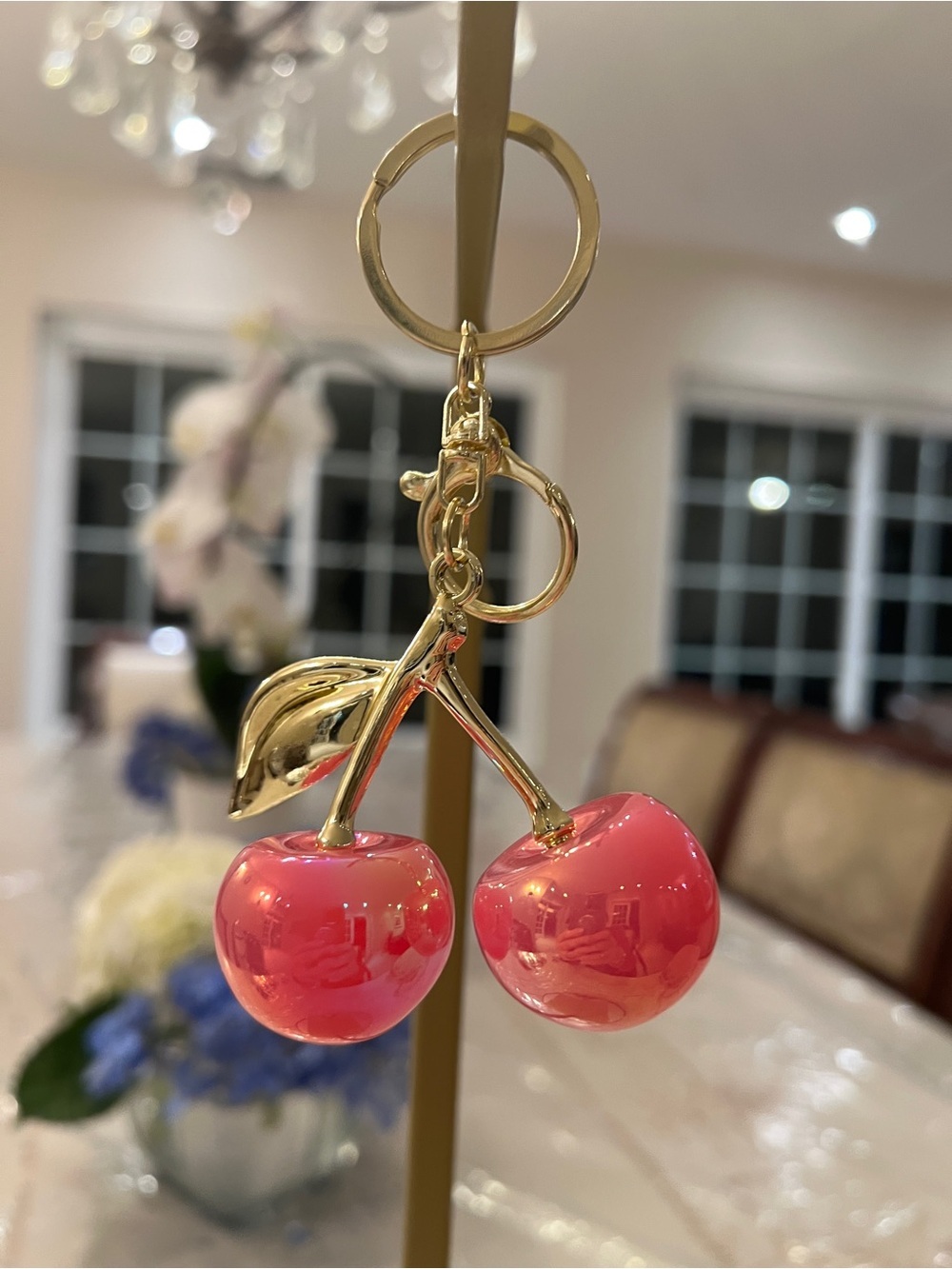 Iridescent Cherry Bag Charm Keychain | Pink Ombre Purse Charm Gold Tone - Picture 2 of 3